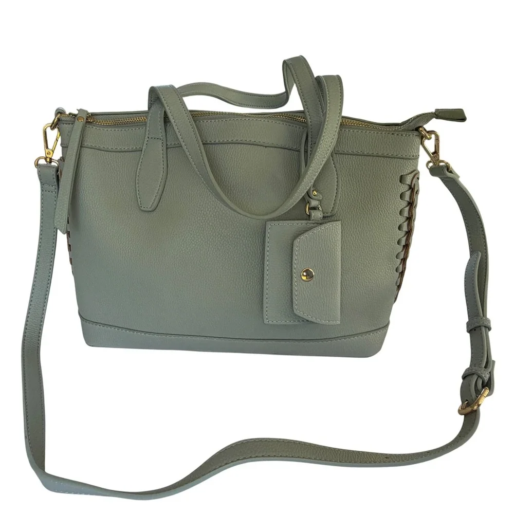 Moda Luxe Light Blue Pebbled Vegan Leather Satchel Crossbody Tote Bag With Pouch